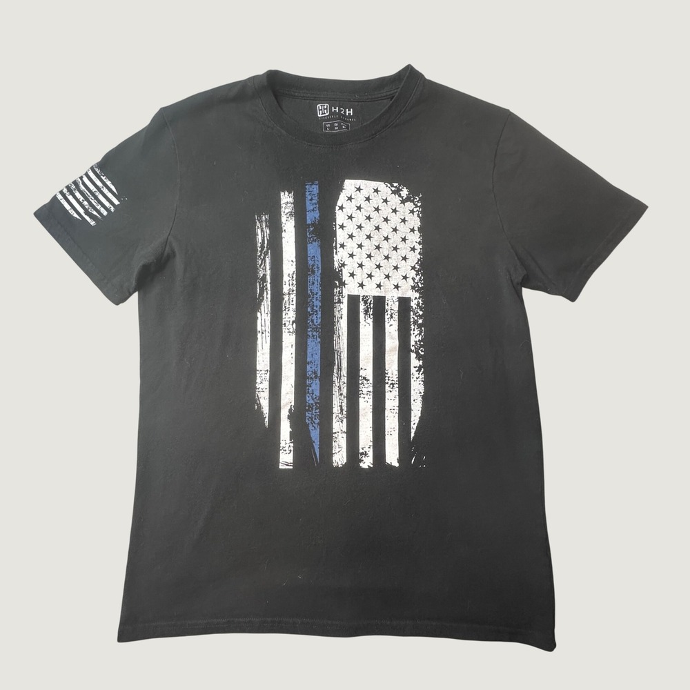 H2H T-Shirt Mens L CMTTS243 Black Thin Blue Line American Flag Graphic Patriotic